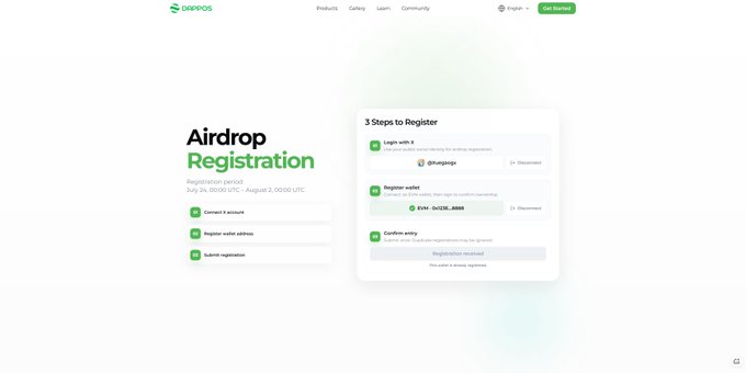 A screenshot of a cryptocurrency airdrop registration webpage on the OKX Web3 platform, displaying 'Airdrop Registration' and outlining '3 Steps to Register': connect EVM account, register wallet address, and submit registration.