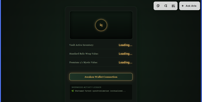 A dark interface titled "Sherwood Forest Vault" displays three loading values for Vault Active Inventory, Standard Relic Wrap Value, and Premium t/s Mystic Value, with a green confirmation reading "Sherwood Forest synchronization initialized..." at the bottom—directly visualizing the project's initialization sequence mentioned in the post.
