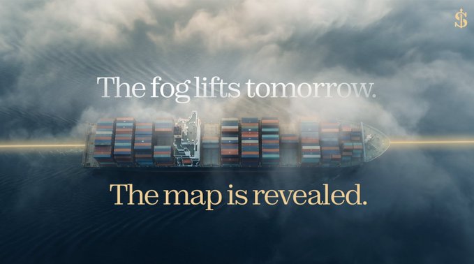 A stylized aerial view of a container ship surrounded by fog with overlaid text reading 'The fog lifts tomorrow. The map is revealed.' and a dollar sign icon in the corner.