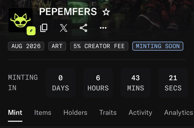 The image shows a NFT minting countdown page for a collection called "PEPEMFERS," featuring a green cat-like logo with horns, with a release date of August 2026, a 5% creator fee, and a timer showing 0 days, 6 hours, 43 minutes, and 21 seconds until minting begins. The accompanying post asking "which one will you be minting today? pepemfers wifizards" highlights the decision between two upcoming NFT projects, with this image serving as the visual preview for the PEPEMFERS collection's launch details and timing.