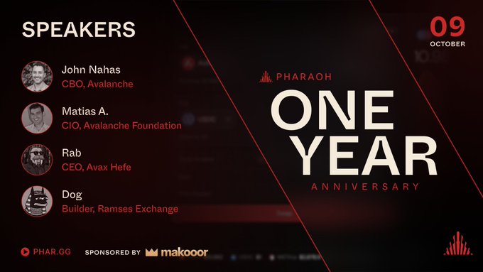 An event announcement for "PHARAOH / ONE YEAR ANNIVERSARY" on 09 October, listing speakers including John Nahas (CBO, Avalanche), Matias A. (CIO, Avalanche Foundation), Rab (CEO, Avax Hefe), and Dog (Builder, Ramses Exchange), sponsored by makoorr.