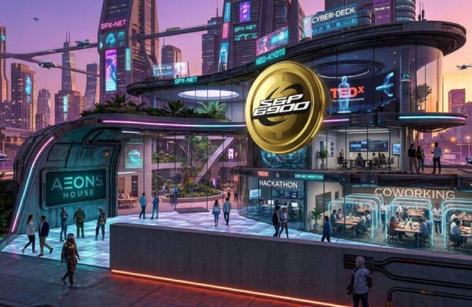A futuristic cyberpunk cityscape featuring 'AEONS HOUSE' and 'COWORKING' buildings with neon lights, holographic displays, and a large gold 'SSP' coin floating in the foreground.