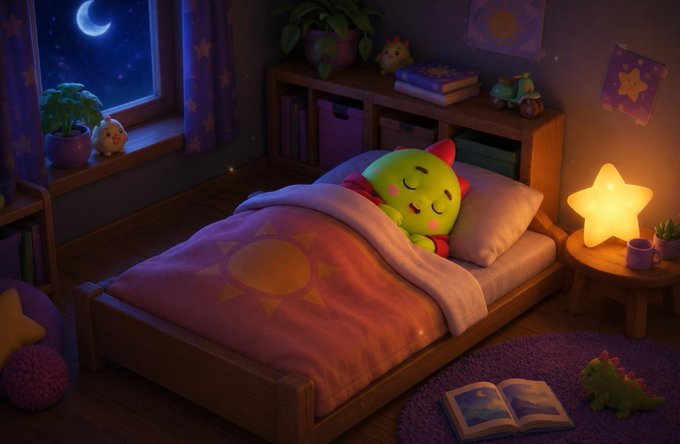 Cozy illustrated bedroom scene at night featuring a green dinosaur plush sleeping under a sun-patterned blanket, with a glowing star lamp, crescent moon through the window, and scattered toys.