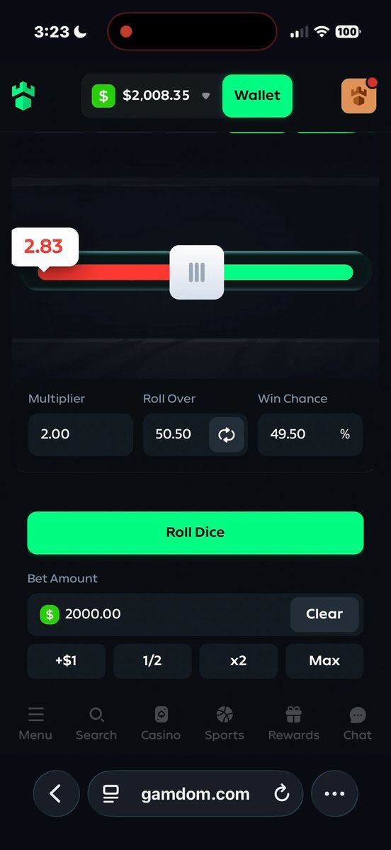 A screenshot of gamdom.com showing a dice gambling interface with a $2,008.35 wallet balance and a $2,000.00 bet amount. The post humorously laments the user's failed attempt to recover previous losses, resulting in losing an additional $4,000 instead of being able to give away $1,000.