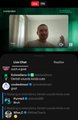 A livestream screenshot showing a man speaking on camera, with a live chat feed displaying viewer messages and reactions below.