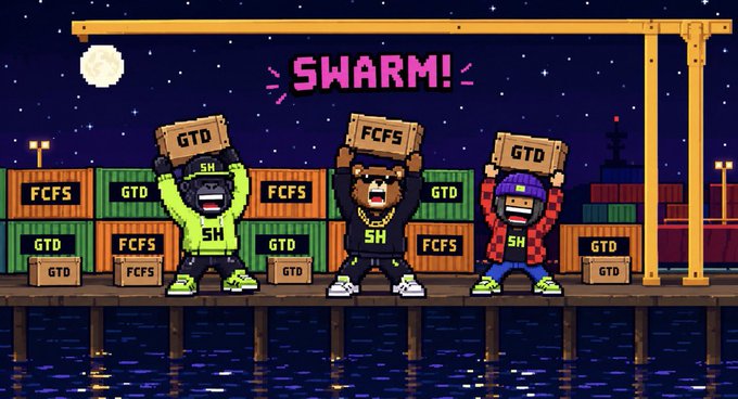 A pixel art meme image featuring three characters holding boxes labeled "GTD" and "FCFS" in a shipping container yard with "SWARM!" written above.