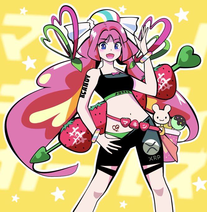 An anime-style illustration of a pink-haired character with decorative elements, wearing a black crop top and shorts, with XRP and ACINDY branding visible on the design