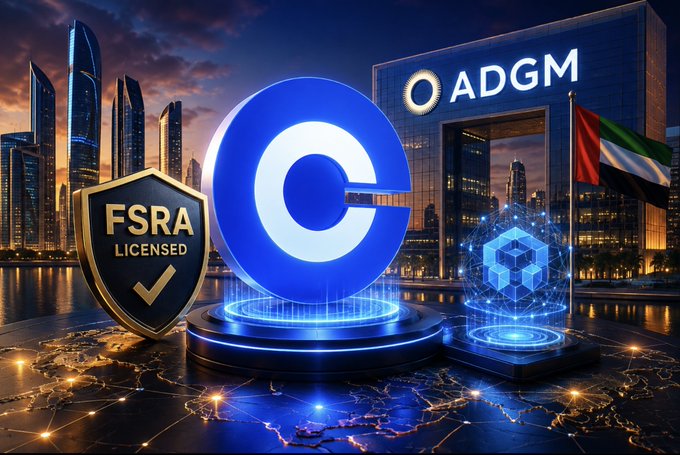 The image features a glowing Coinbase "C" logo alongside an "FSRA LICENSED" shield, the "ADGM" building, and the UAE flag, visually representing Coinbase's newly secured Financial Services Regulatory Authority license to establish an international tokenization hub within Abu Dhabi Global Market.
