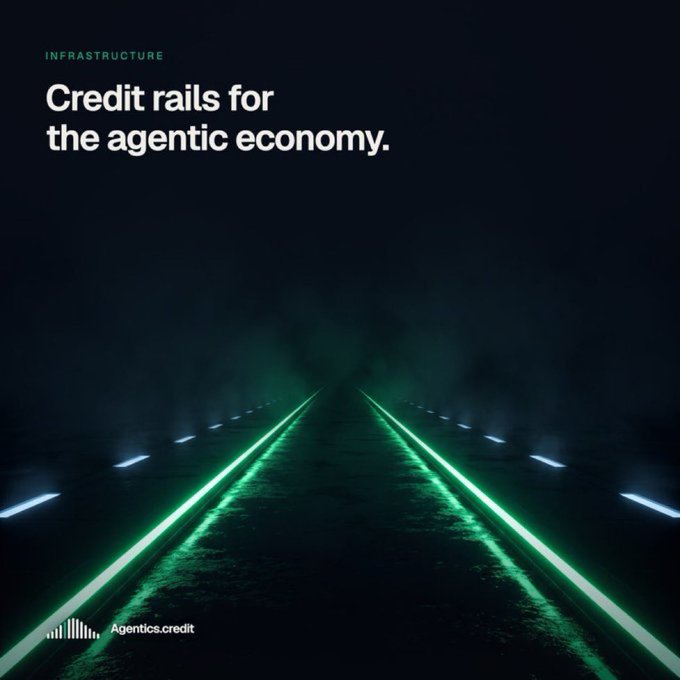 A dark promotional graphic with green illuminated train tracks titled 'Credit rails for the agentic economy' by Agentics.credit.