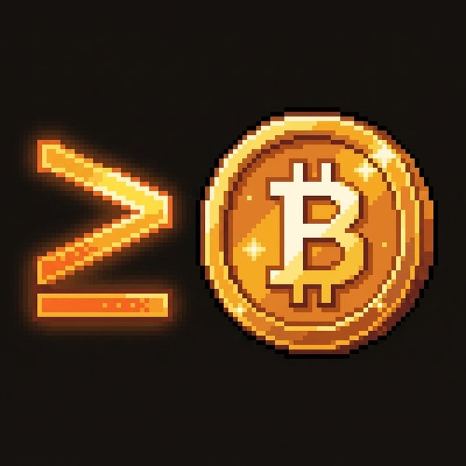 A pixel art image displays a glowing orange Bitcoin coin with the iconic "B" symbol next to a greater-than-or-equal sign (≥), visually representing the "$METBTC" token's promotional message that "The name is the roadmap" with the ≥ symbol connecting "MET" to "BTC" in the ticker.