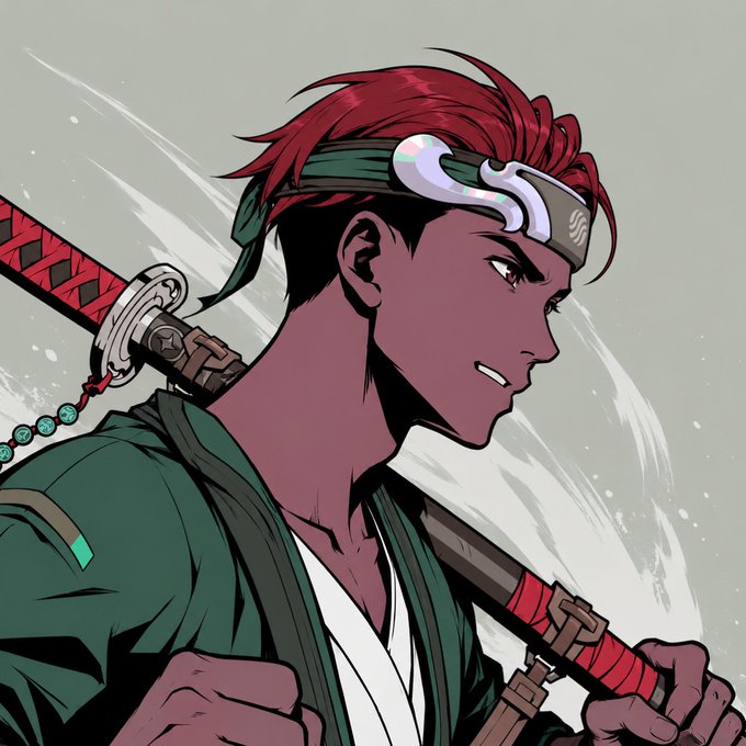 An anime-style illustration of a red-haired warrior wearing a headband and holding a katana, shown in profile with dark purple-toned skin.