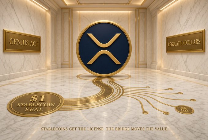 A promotional graphic showing a large XRP logo with text 'GENIUS ACT', 'REGULATED DOLLARS', '$1 STABLECOIN SEAL', and 'STABLECOINS GET THE LICENSE. THE BRIDGE MOVES THE VALUE.' in a luxurious marble and gold setting.