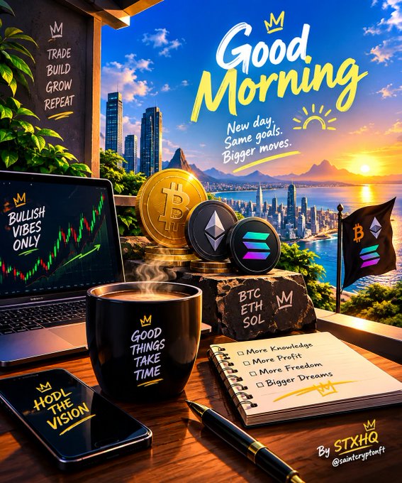 A motivational crypto-themed 'Good Morning' poster featuring Bitcoin, Ethereum, and Solana coins, a laptop showing 'BULLISH VIBES ONLY' charts, and text including 'TRADE BUILD GROW REPEAT', 'HODL THE VISION', and 'BTC ETH SOL', credited to 'STXHQ By @saintryptanft'.