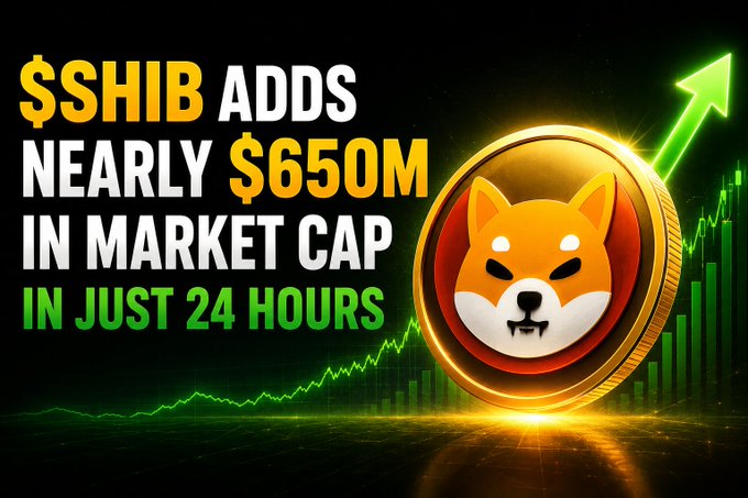 A promotional graphic featuring a gold coin with the Shiba Inu dog logo, set against a dark background with green upward-trending market charts. Bold text reads "$SHIB ADDS NEARLY $650M IN MARKET CAP IN JUST 24 HOURS," visually reinforcing the headline about Shiba Inu's significant 24-hour market cap gain.