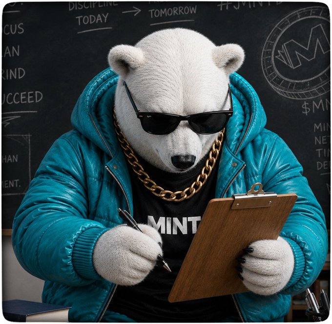An AI-generated image of a polar bear wearing sunglasses, a gold chain, and a teal puffer jacket, writing on a clipboard with a 'MINT' shirt visible, set against a chalkboard background.