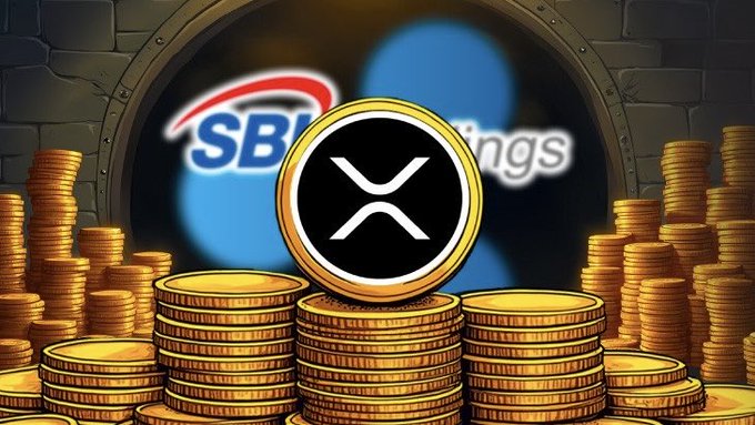 The image features a stack of gold coins with the RIPPLE-BACKED SBI HOLDINGS logo prominently displayed above them, indicating that they are part of an offering for Bitcoin, Ethereum, or other digital tokens. The text on the image suggests that these coins can be used to receive deposit rewards in various fiat currencies, such as US dollars and Euros.