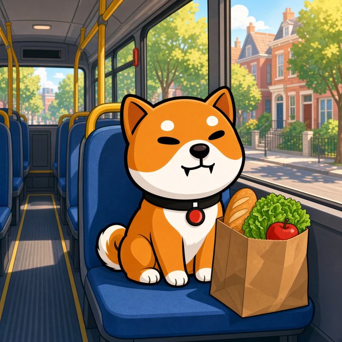 An animated illustration of a Shiba Inu dog sitting on a bus seat with a grocery bag containing a baguette, lettuce, and apple.