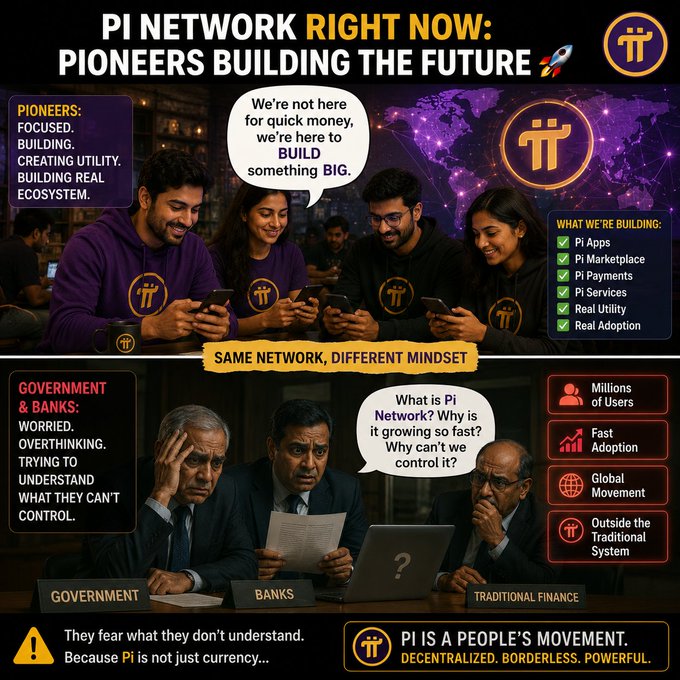 A promotional graphic for Pi Network titled 'PI NETWORK RIGHT NOW: PIONEERS BUILDING THE FUTURE,' contrasting focused pioneers building utility with worried governments and banks trying to understand the decentralized movement.