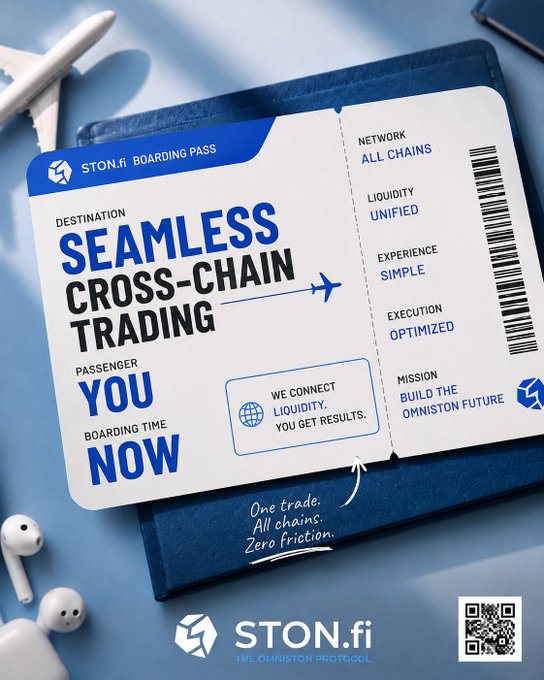 A promotional advertisement for STON.fi designed as an airline boarding pass, promoting 'Seamless Cross-Chain Trading' with the slogan 'One trade. All chains. Zero friction.'