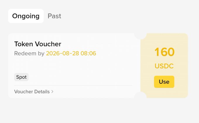 A screenshot of the Binance Token Voucher page showing a 160 USDC reward under the "Ongoing" tab, with a redemption deadline of 2026-08-28 and an active "Use" button for Spot trading. The voucher represents the Independence Day spin reward mentioned in the post.