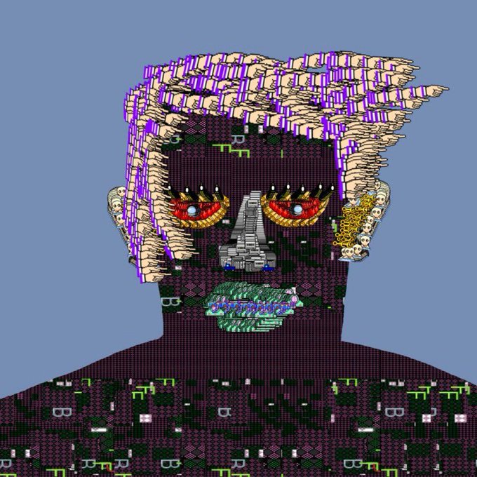 A pixelated, surreal digital portrait of a figure with pale, textured hair, glowing red eyes, and a metallic nose, set against a gray background.