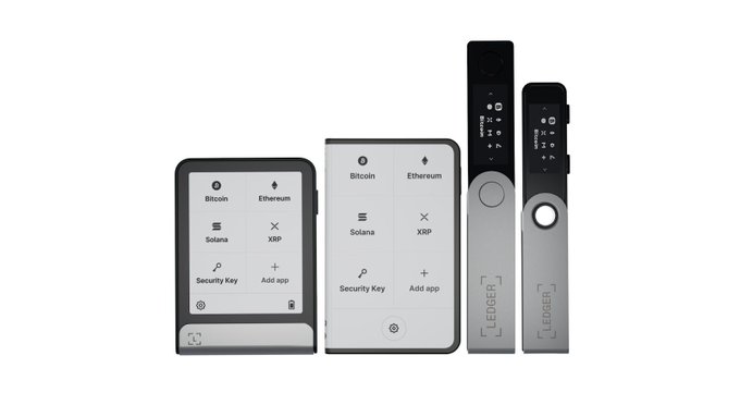 A product image showing four Ledger hardware cryptocurrency wallets of various sizes, with screens displaying Bitcoin, Ethereum, Solana, and XRP options.