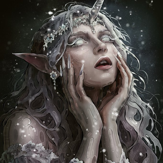 A detailed digital illustration of an elf-like female figure with pointed ears, glowing white eyes, and a unicorn horn, adorned with floral headwear and long sharp fingernails, set against a dark starry background.