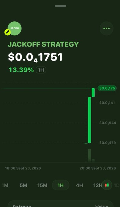 Mobile app screenshot showing a token called 'JACKOFF STRATEGY' (ticker JACKO) priced at $0.041751 with a 13.39% gain over 1H, displayed on a green candlestick chart.