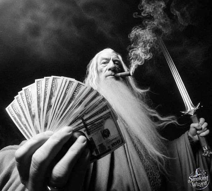 A black and white stylized image depicts a wizard-like old man with a long beard smoking a cigar and holding fanned-out $100 bills in one hand and a sword in the other, with a 'Smoking Wizard' logo in the corner.