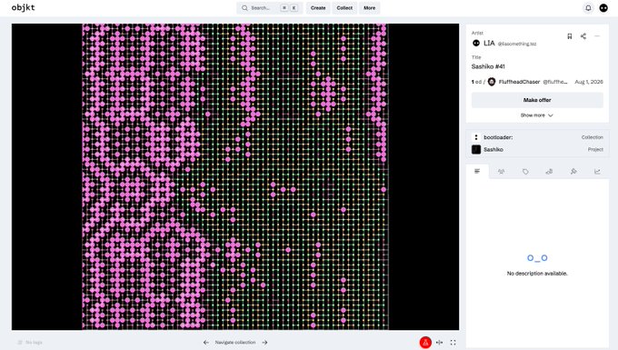A screenshot of the objkt NFT marketplace showing a pink and white pixelated generative art piece titled 'Sashiko #41' by artist L1A.