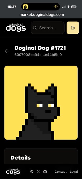 A mobile screenshot of the Doginal Dogs NFT marketplace at market.doginaldogs.com displaying "Doginal Dog #1721" with the hash "6007008ba94e...e44b5b10" alongside a pixel art black dog illustration on a yellow background.