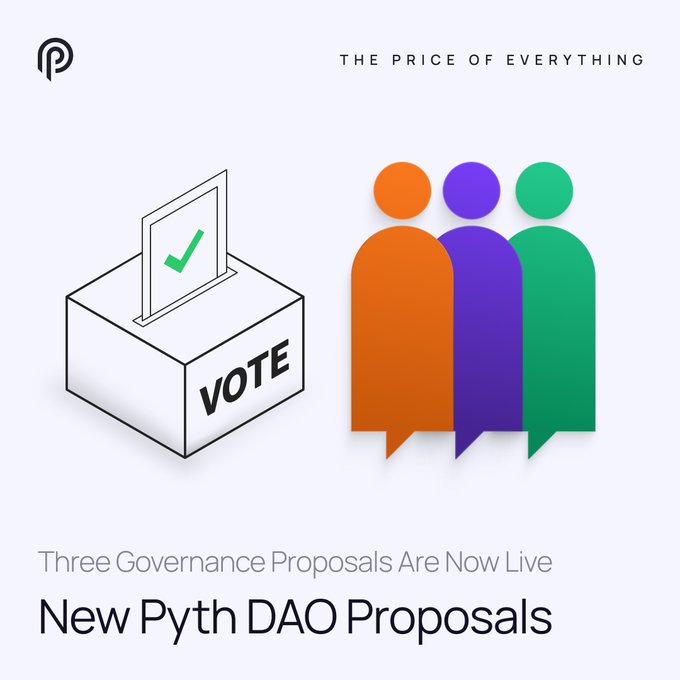 The image features a 3D "VOTE" ballot box with a checkmark alongside three colorful speech-bubble figures (orange, purple, and green), under the header "THE PRICE OF EVERYTHING" and the title "New Pyth DAO Proposals — Three Governance Proposals Are Now Live." This visually represents the open Pyth DAO voting announcement, highlighting the three active proposals (OP-PIP-120, CO-PIP-121, and CO-PIP-122) mentioned in the post.