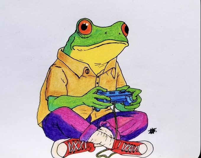 A colorful hand-drawn illustration of an anthropomorphic green frog wearing a yellow shirt, purple pants, and red sneakers, sitting cross-legged while playing a blue video game controller.