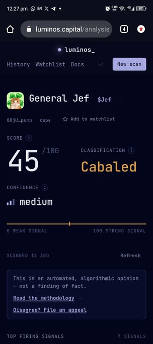 A mobile screenshot from 'luminos.capital/analysis' showing a token called 'General Jef' ($Jef) with a score of 45/100, classified as 'Cabaled' with medium confidence.