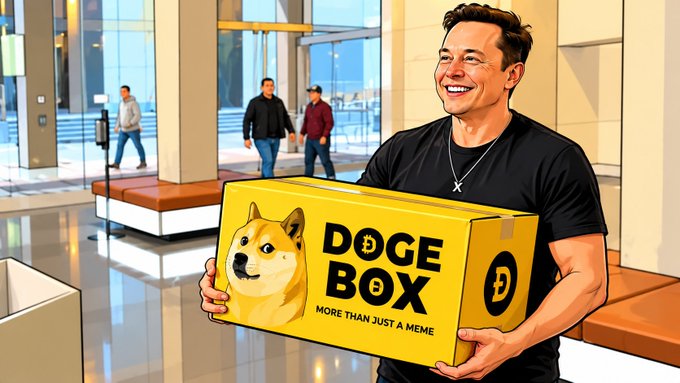 A cartoon illustration of Elon Musk holding a yellow "DOGE BOX - MORE THAN JUST A MEME" box featuring a Shiba Inu dog.