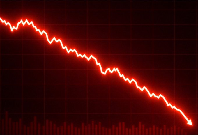 A stylized red glowing line graph showing a steep downward trend against a dark red gridded background, illustrating a market crash or decline.