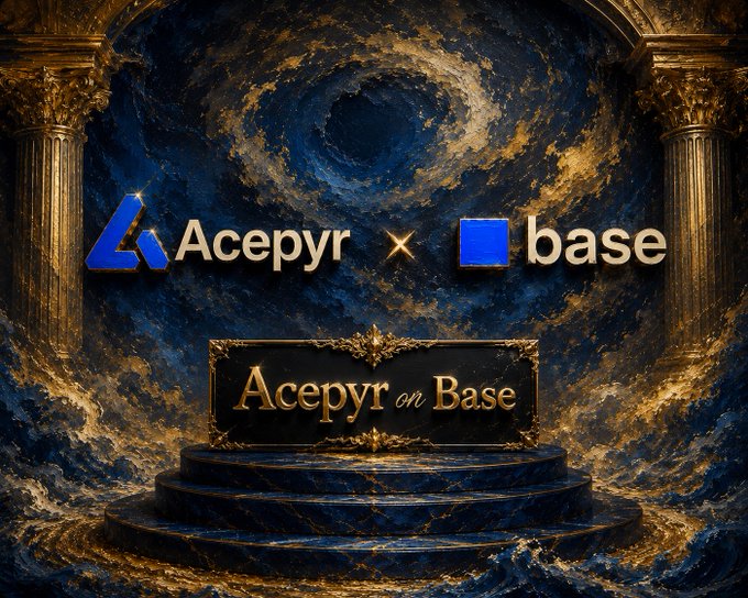 The image features a large sign with blue text that reads "Acepyr on Base" and "gAcepyr! This weekend, remember what @acepyr is building a true intelligence economy on @base where your real contributions actually get rewarded". The background of the image has a dark blue color with gold accents. There are two columns in the background, one on each side of the sign.