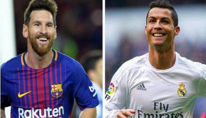Side-by-side photo of soccer players Lionel Messi in a Barcelona jersey with 'Rakuten' sponsor and Cristiano Ronaldo in a Real Madrid jersey with 'Fly Emirates' sponsor.