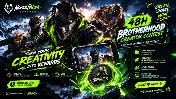 A promotional banner for the 'NoWolvesAlone' ecosystem announcing a '48H Brotherhood Creator Contest' where participants can create content to win $PACK tokens and top creator prizes.
