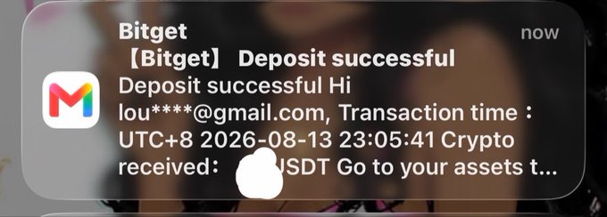 A phone notification from Bitget confirms a successful USDT deposit to lou*****@gmail.com on 2026-08-13, which the post uses to humorously suggest that working in Web3 pays off well.
