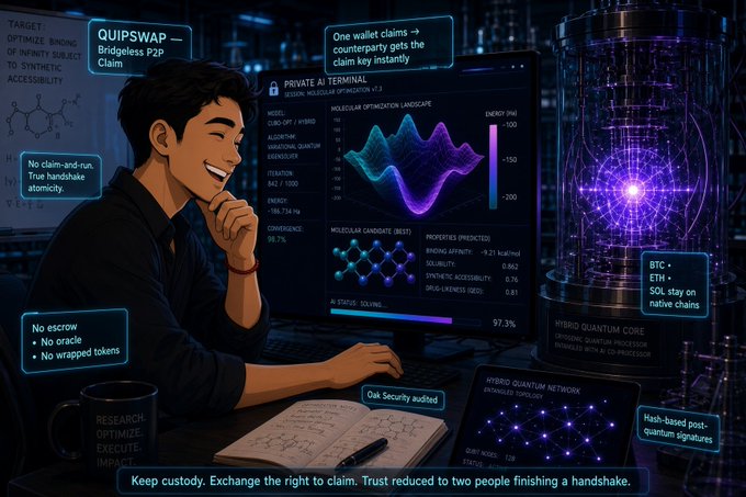 An illustration of a young man smiling at a computer terminal displaying molecular optimization graphs, with text including 'QUIPSWAP — Bridgeless P2P Claim', 'PRIVATE AI TERMINAL', 'One wallet claims → counterparty gets the claim key instantly', and 'Keep custody. Exchange the right to claim. Trust reduced to two people finishing a handshake.'