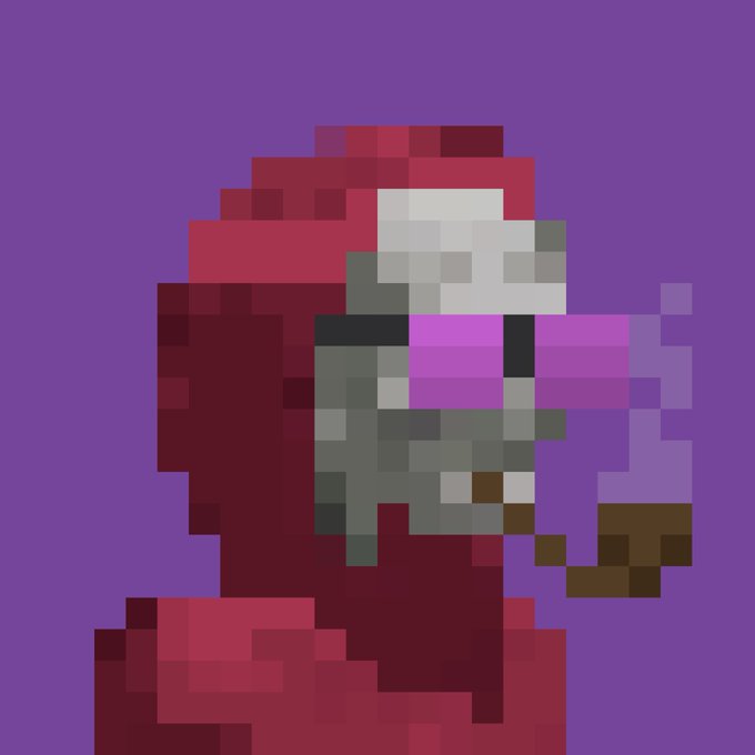 A pixel art character wearing a red robe, white hair, and pink sunglasses is smoking a hookah against a purple background.