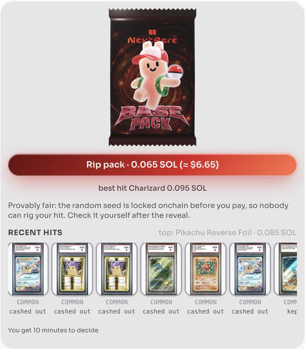 A Pokémon-style “Base Pack” webpage offers a 0.065 SOL rip pack (about $6.65) and advertises a best hit of 0.095 SOL; several common recent hits are marked “cashed out,” and text says the onchain random seed is locked before payment.