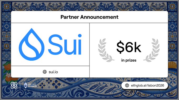 A Partner Announcement graphic for ethglobal/lisbon2026 featuring the Sui blockchain logo and announcing $6k in prizes, displayed over a decorative blue and white tile pattern.