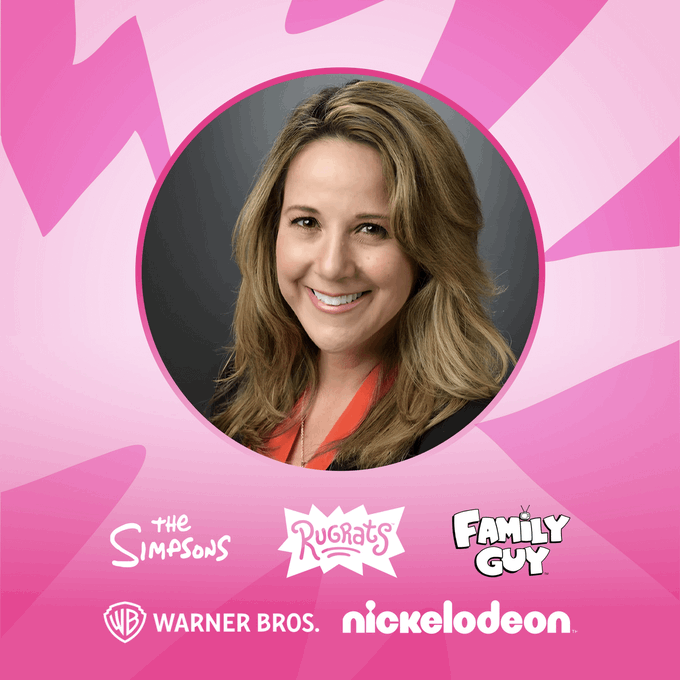 A professional headshot of a smiling woman in an orange blazer, framed within a pink starburst graphic featuring logos for The Simpsons, Rugrats, Family Guy, Warner Bros., and Nickelodeon.