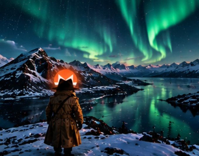 A scenic image showing a person in a brown coat and fedora standing in a snowy mountainous landscape under the northern lights, with the Monero logo incorporated into the scene.