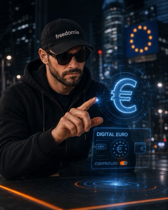 A man wearing a 'freedomia' cap and sunglasses interacting with a holographic euro symbol, with a 'DIGITAL EURO' interface showing 'CONTROLLED' toggle and EU stars in the background.