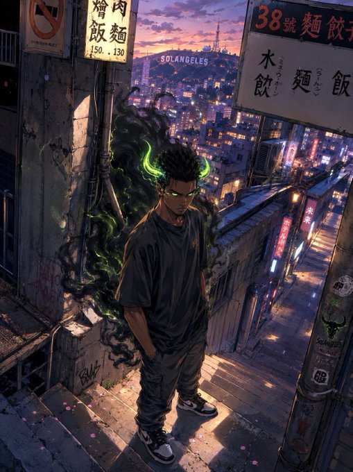 An anime-style character with glowing green horns and eyes stands in a neon-lit alleyway overlooking the "SOLANGELES" skyline, surrounded by Chinese signage reading "38號麵餃子" and "增肉飯麵" priced at 150/130. The artwork's "Solangeles" backdrop, mystical glowing aesthetic, and tag "@blknoiz06" perfectly match the post's celebration of crypto-native art as prophecy and conviction behind $ANSEM.