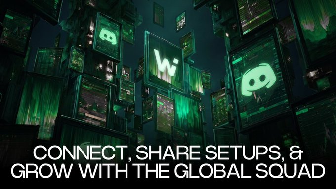 A cluster of glowing green digital billboards in a cyberpunk cityscape displays Discord and "WOO" logos, visually tying the message about exclusive Discord community prize pools to the WOO X brand. The bold tagline reads: "CONNECT, SHARE SETUPS, & GROW WITH THE GLOBAL SQUAD."
