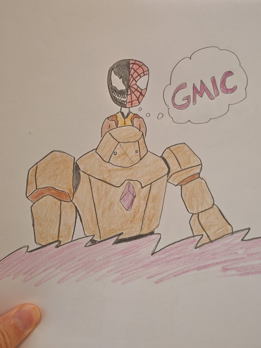 A hand-drawn colored pencil sketch of a Go-style robotic figure with a split Spider-Man/Venom mask head, thinking 'GMIC' in a thought bubble, standing on pink scribbled ground.